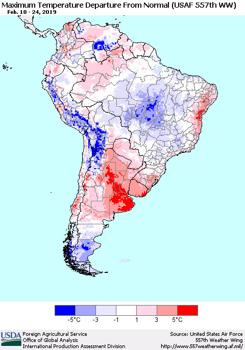 South America Mean Maximum Temperature Departure from Normal (USAF 557th WW) Thematic Map For 2/18/2019 - 2/24/2019
