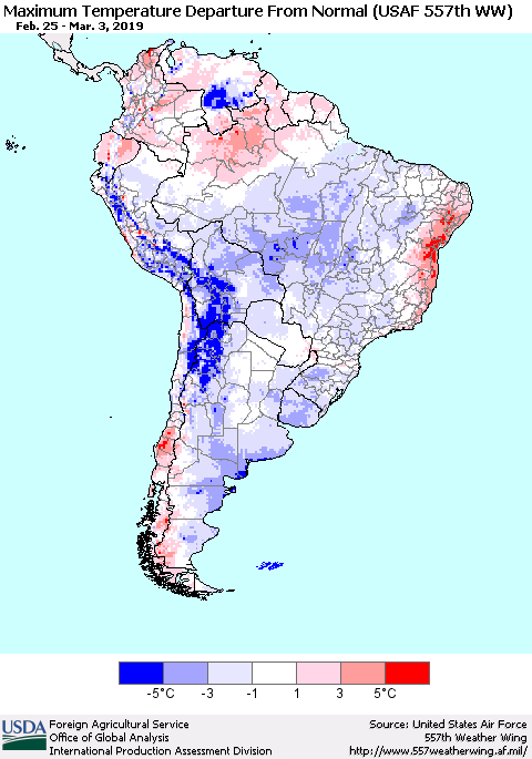 South America Mean Maximum Temperature Departure from Normal (USAF 557th WW) Thematic Map For 2/25/2019 - 3/3/2019