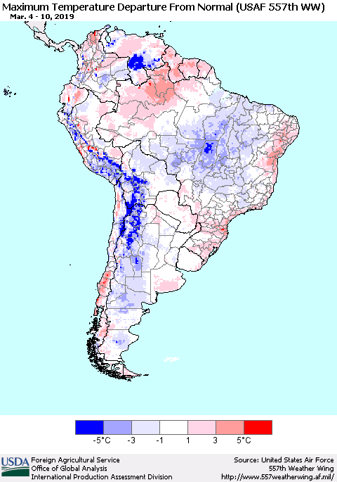 South America Mean Maximum Temperature Departure from Normal (USAF 557th WW) Thematic Map For 3/4/2019 - 3/10/2019