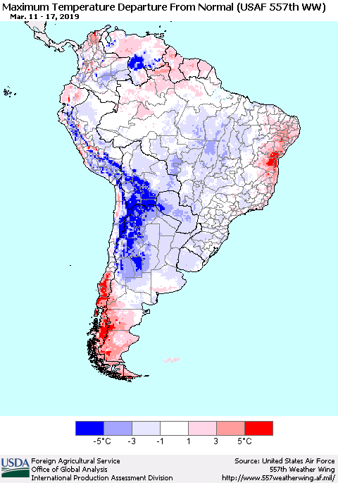 South America Mean Maximum Temperature Departure from Normal (USAF 557th WW) Thematic Map For 3/11/2019 - 3/17/2019
