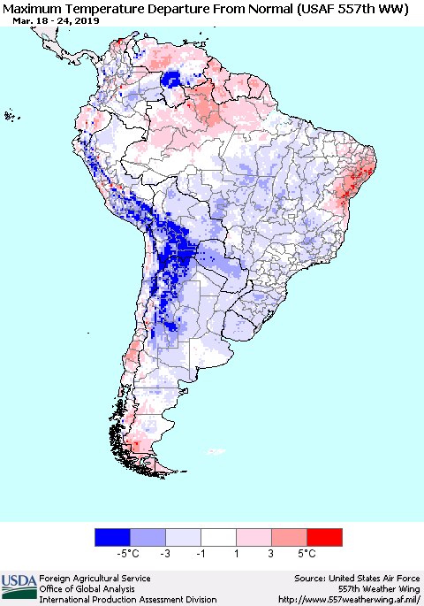 South America Mean Maximum Temperature Departure from Normal (USAF 557th WW) Thematic Map For 3/18/2019 - 3/24/2019