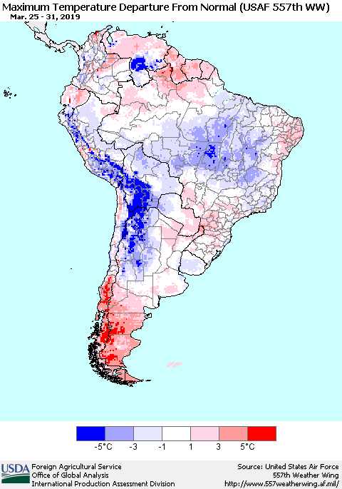South America Mean Maximum Temperature Departure from Normal (USAF 557th WW) Thematic Map For 3/25/2019 - 3/31/2019