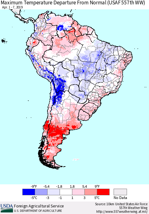South America Mean Maximum Temperature Departure from Normal (USAF 557th WW) Thematic Map For 4/1/2019 - 4/7/2019