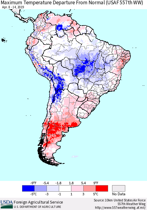 South America Mean Maximum Temperature Departure from Normal (USAF 557th WW) Thematic Map For 4/8/2019 - 4/14/2019