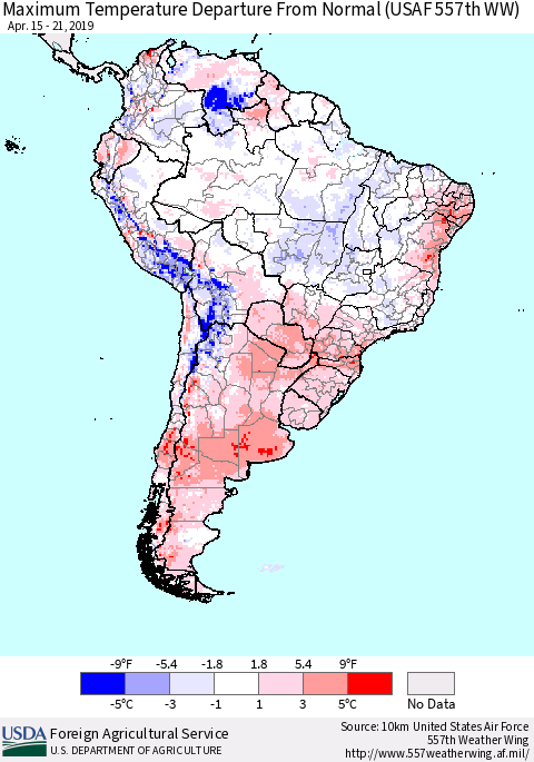 South America Mean Maximum Temperature Departure from Normal (USAF 557th WW) Thematic Map For 4/15/2019 - 4/21/2019