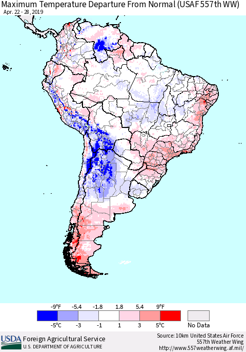 South America Mean Maximum Temperature Departure from Normal (USAF 557th WW) Thematic Map For 4/22/2019 - 4/28/2019