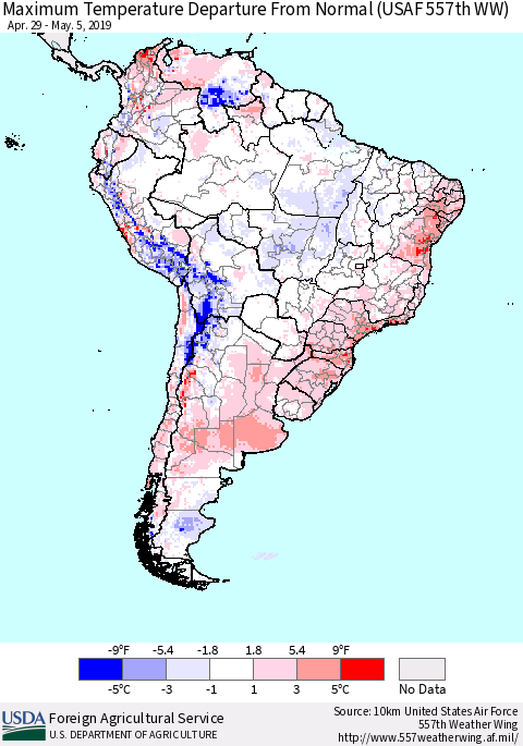 South America Mean Maximum Temperature Departure from Normal (USAF 557th WW) Thematic Map For 4/29/2019 - 5/5/2019
