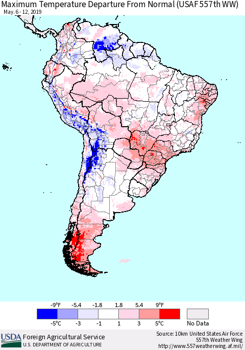 South America Mean Maximum Temperature Departure from Normal (USAF 557th WW) Thematic Map For 5/6/2019 - 5/12/2019