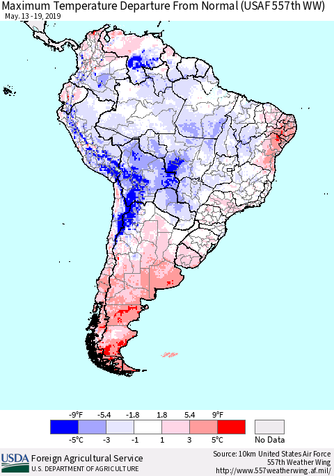 South America Mean Maximum Temperature Departure from Normal (USAF 557th WW) Thematic Map For 5/13/2019 - 5/19/2019