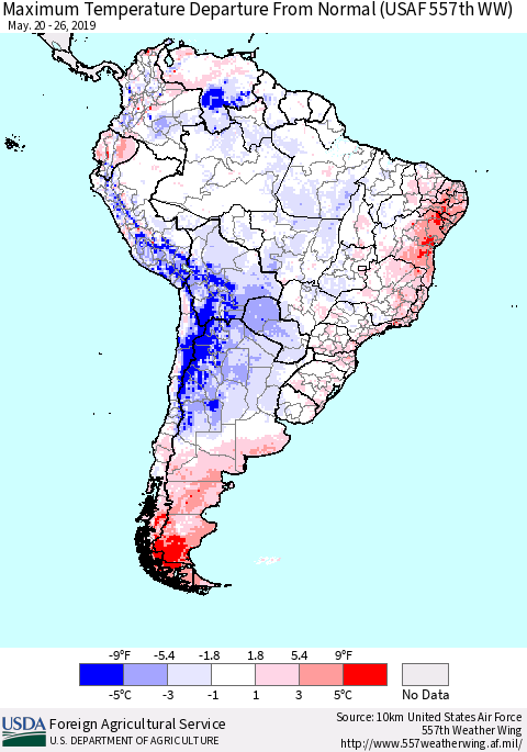 South America Mean Maximum Temperature Departure from Normal (USAF 557th WW) Thematic Map For 5/20/2019 - 5/26/2019
