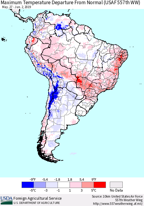 South America Mean Maximum Temperature Departure from Normal (USAF 557th WW) Thematic Map For 5/27/2019 - 6/2/2019