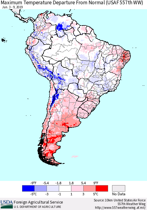 South America Mean Maximum Temperature Departure from Normal (USAF 557th WW) Thematic Map For 6/3/2019 - 6/9/2019