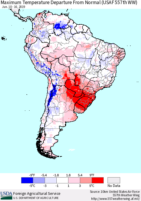 South America Mean Maximum Temperature Departure from Normal (USAF 557th WW) Thematic Map For 6/10/2019 - 6/16/2019