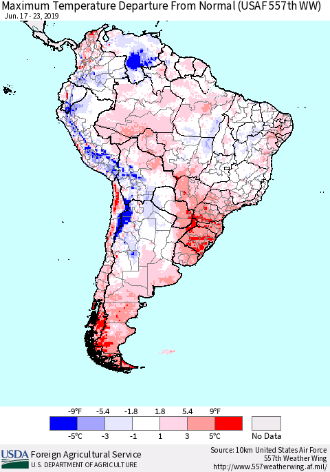 South America Mean Maximum Temperature Departure from Normal (USAF 557th WW) Thematic Map For 6/17/2019 - 6/23/2019