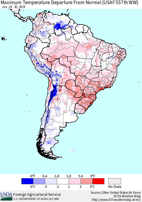 South America Mean Maximum Temperature Departure from Normal (USAF 557th WW) Thematic Map For 6/24/2019 - 6/30/2019
