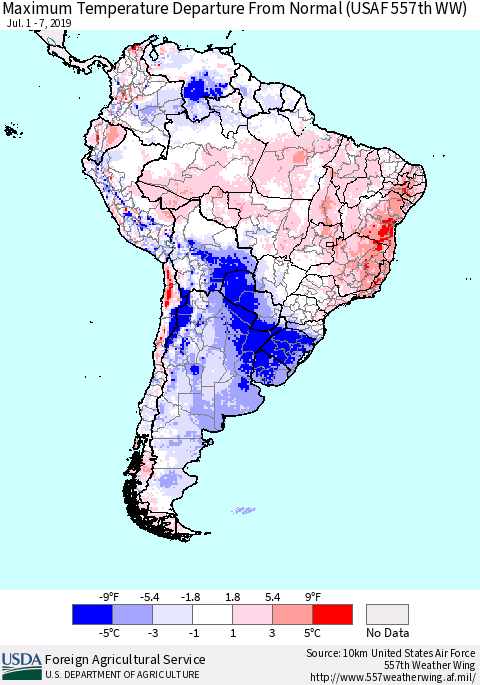 South America Mean Maximum Temperature Departure from Normal (USAF 557th WW) Thematic Map For 7/1/2019 - 7/7/2019