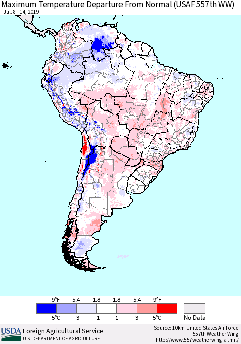 South America Mean Maximum Temperature Departure from Normal (USAF 557th WW) Thematic Map For 7/8/2019 - 7/14/2019