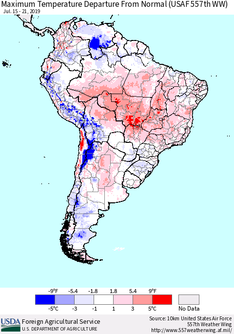 South America Mean Maximum Temperature Departure from Normal (USAF 557th WW) Thematic Map For 7/15/2019 - 7/21/2019