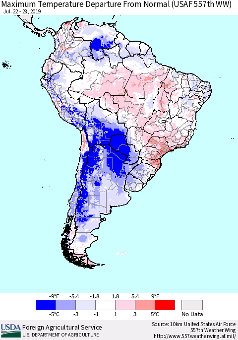South America Mean Maximum Temperature Departure from Normal (USAF 557th WW) Thematic Map For 7/22/2019 - 7/28/2019