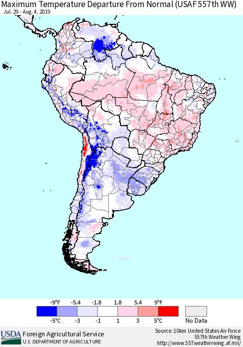 South America Mean Maximum Temperature Departure from Normal (USAF 557th WW) Thematic Map For 7/29/2019 - 8/4/2019