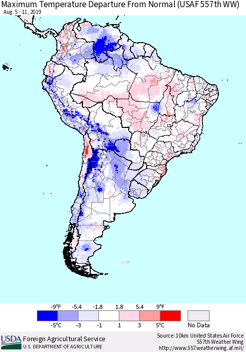 South America Mean Maximum Temperature Departure from Normal (USAF 557th WW) Thematic Map For 8/5/2019 - 8/11/2019