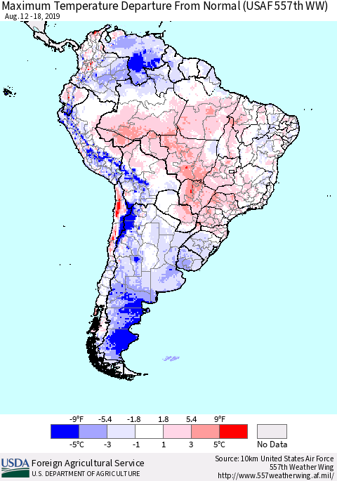 South America Mean Maximum Temperature Departure from Normal (USAF 557th WW) Thematic Map For 8/12/2019 - 8/18/2019