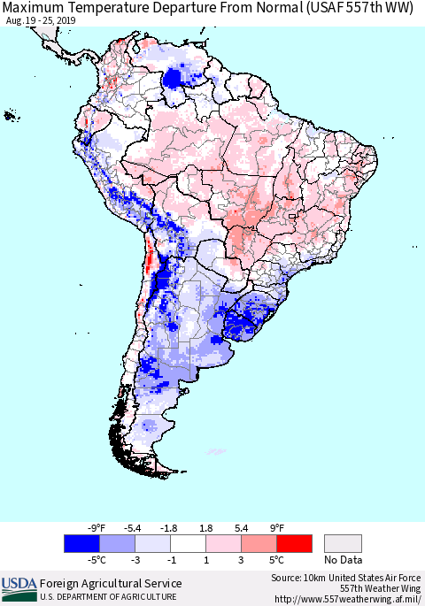 South America Mean Maximum Temperature Departure from Normal (USAF 557th WW) Thematic Map For 8/19/2019 - 8/25/2019