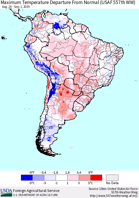 South America Mean Maximum Temperature Departure from Normal (USAF 557th WW) Thematic Map For 8/26/2019 - 9/1/2019