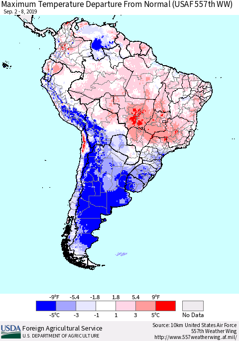 South America Mean Maximum Temperature Departure from Normal (USAF 557th WW) Thematic Map For 9/2/2019 - 9/8/2019