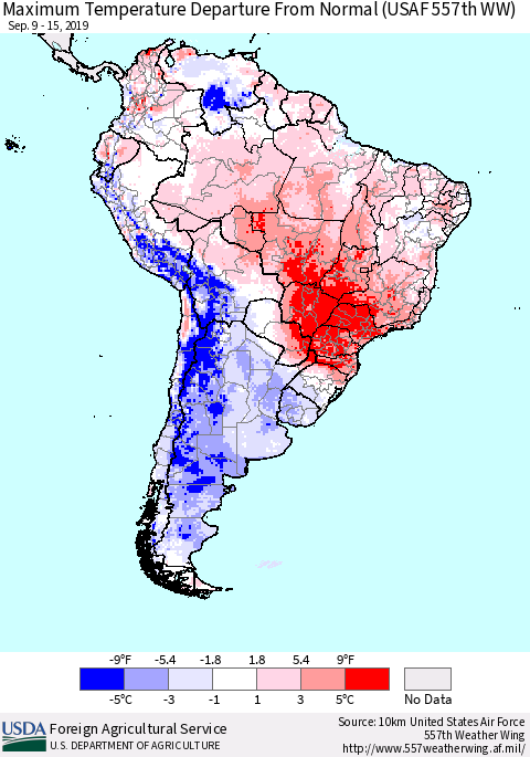 South America Mean Maximum Temperature Departure from Normal (USAF 557th WW) Thematic Map For 9/9/2019 - 9/15/2019
