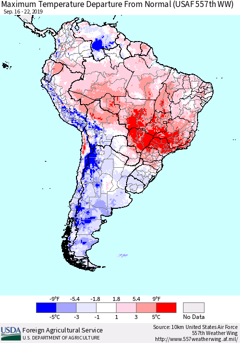 South America Mean Maximum Temperature Departure from Normal (USAF 557th WW) Thematic Map For 9/16/2019 - 9/22/2019