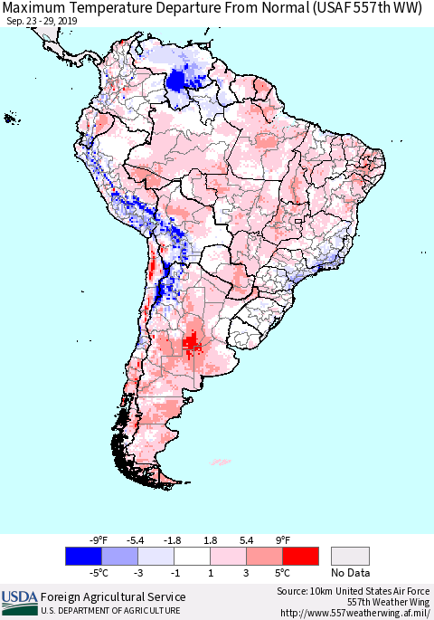 South America Mean Maximum Temperature Departure from Normal (USAF 557th WW) Thematic Map For 9/23/2019 - 9/29/2019