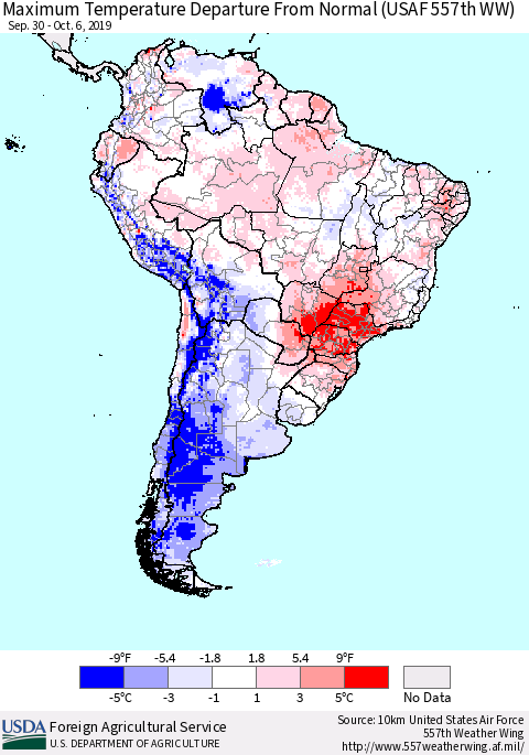 South America Mean Maximum Temperature Departure from Normal (USAF 557th WW) Thematic Map For 9/30/2019 - 10/6/2019
