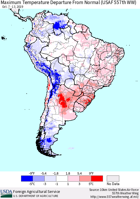 South America Mean Maximum Temperature Departure from Normal (USAF 557th WW) Thematic Map For 10/7/2019 - 10/13/2019
