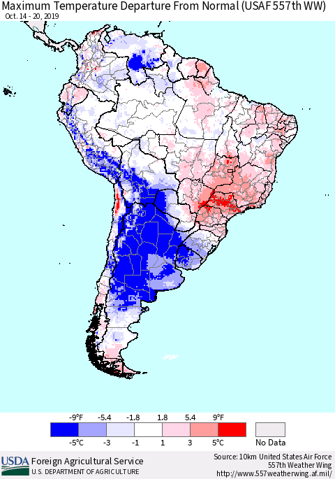 South America Mean Maximum Temperature Departure from Normal (USAF 557th WW) Thematic Map For 10/14/2019 - 10/20/2019