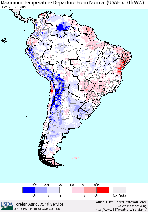 South America Mean Maximum Temperature Departure from Normal (USAF 557th WW) Thematic Map For 10/21/2019 - 10/27/2019