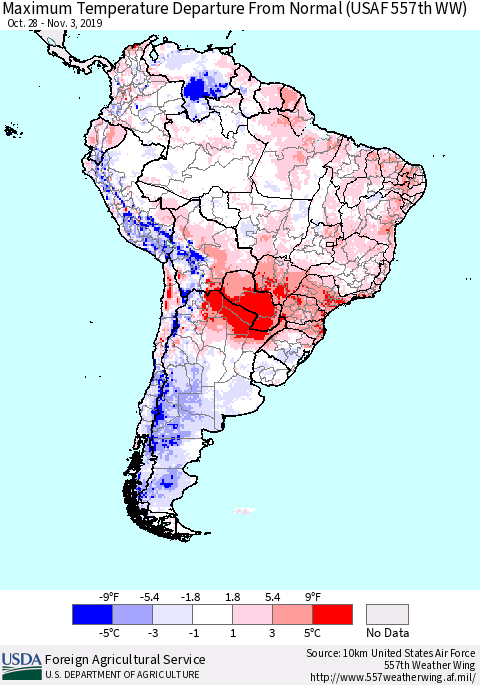 South America Mean Maximum Temperature Departure from Normal (USAF 557th WW) Thematic Map For 10/28/2019 - 11/3/2019