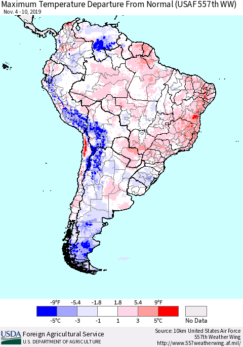 South America Mean Maximum Temperature Departure from Normal (USAF 557th WW) Thematic Map For 11/4/2019 - 11/10/2019