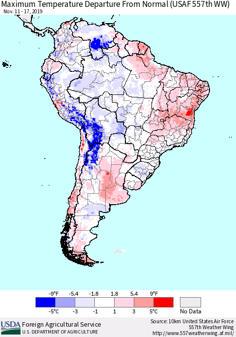 South America Mean Maximum Temperature Departure from Normal (USAF 557th WW) Thematic Map For 11/11/2019 - 11/17/2019