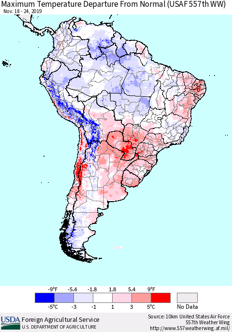 South America Mean Maximum Temperature Departure from Normal (USAF 557th WW) Thematic Map For 11/18/2019 - 11/24/2019