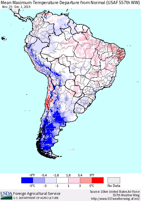 South America Mean Maximum Temperature Departure from Normal (USAF 557th WW) Thematic Map For 11/25/2019 - 12/1/2019