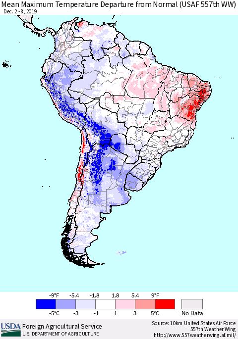 South America Mean Maximum Temperature Departure from Normal (USAF 557th WW) Thematic Map For 12/2/2019 - 12/8/2019