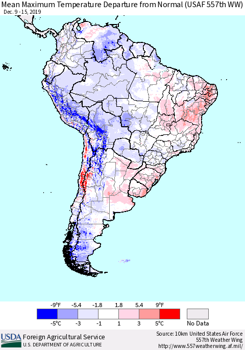 South America Mean Maximum Temperature Departure from Normal (USAF 557th WW) Thematic Map For 12/9/2019 - 12/15/2019