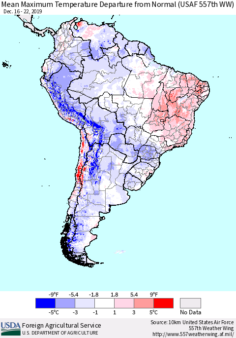 South America Mean Maximum Temperature Departure from Normal (USAF 557th WW) Thematic Map For 12/16/2019 - 12/22/2019