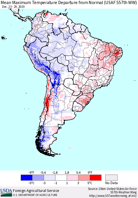 South America Mean Maximum Temperature Departure from Normal (USAF 557th WW) Thematic Map For 12/23/2019 - 12/29/2019
