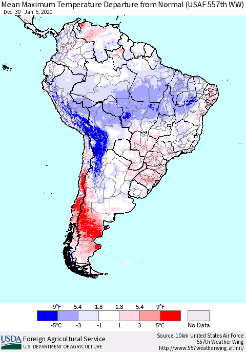 South America Mean Maximum Temperature Departure from Normal (USAF 557th WW) Thematic Map For 12/30/2019 - 1/5/2020