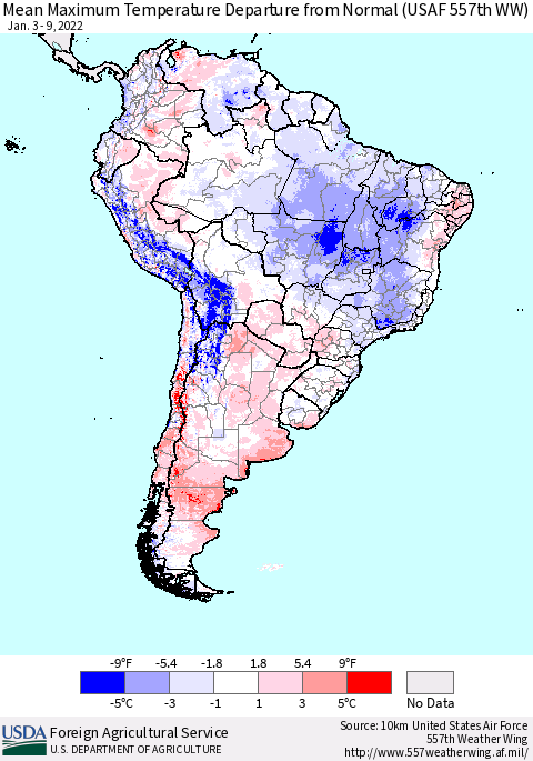 South America Mean Maximum Temperature Departure from Normal (USAF 557th WW) Thematic Map For 1/3/2022 - 1/9/2022