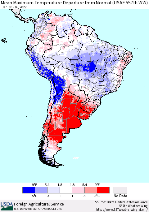 South America Mean Maximum Temperature Departure from Normal (USAF 557th WW) Thematic Map For 1/10/2022 - 1/16/2022