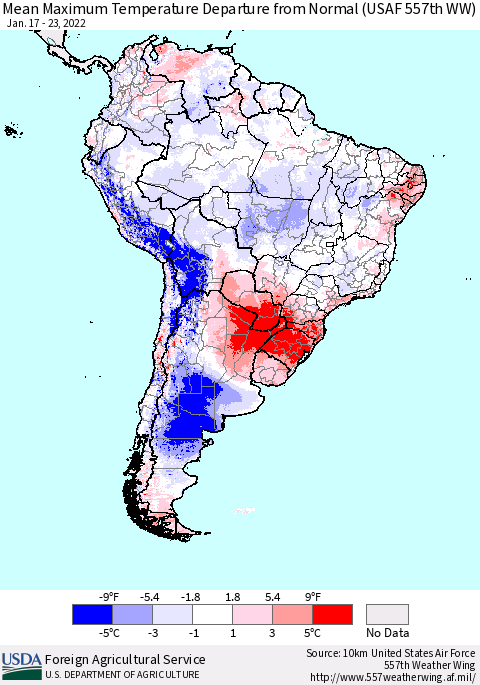 South America Mean Maximum Temperature Departure from Normal (USAF 557th WW) Thematic Map For 1/17/2022 - 1/23/2022