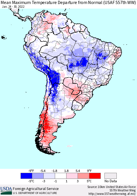 South America Mean Maximum Temperature Departure from Normal (USAF 557th WW) Thematic Map For 1/24/2022 - 1/30/2022